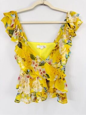 Marissa Webb Women’s 4 ruffle cap sleeve peplum deep v-neck floral yellow blouse